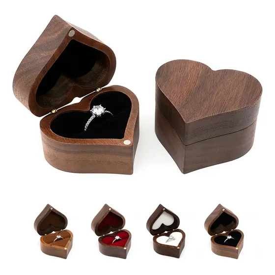 Caja Corazón De Madera Nogal Para Anillos De Boda Compromiso