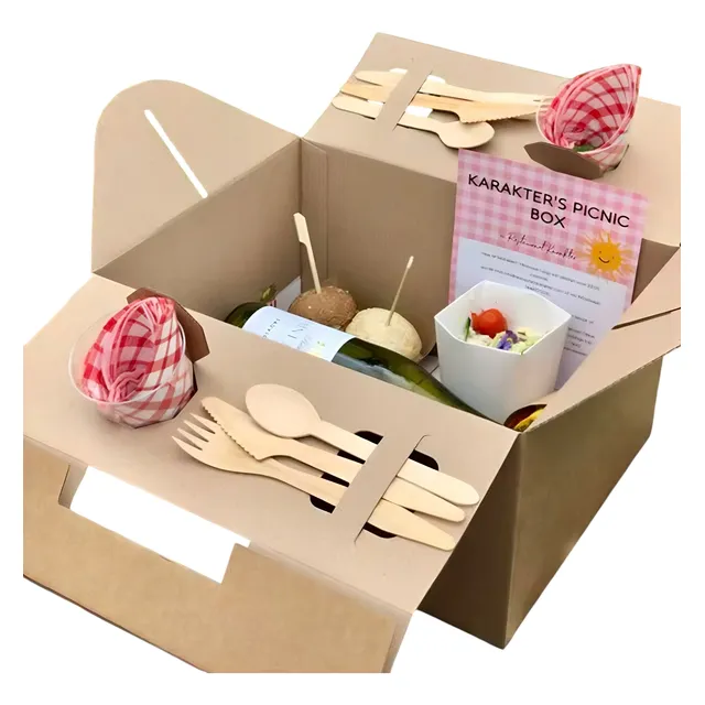 Set Picnic Ecologica Carton Caja, Cubiertos, Platos Y Vasos