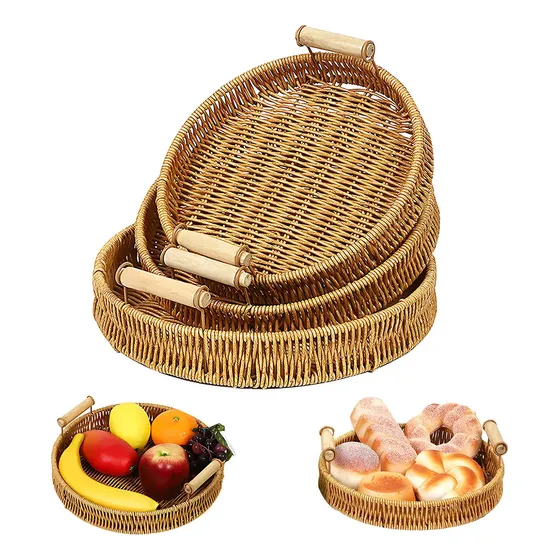 3pcs Canasta Ratán Mimbre Redonda Cestas Pan Bandeja Con Asa