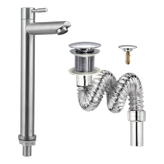 Kit Grifería Lavamanos Alta Agua Fría Inox+desague Push Flex