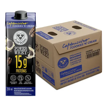Kit Cappuccino Cookies'n Cream Power Whey 12 unidades com 250ml cada 3 Corações