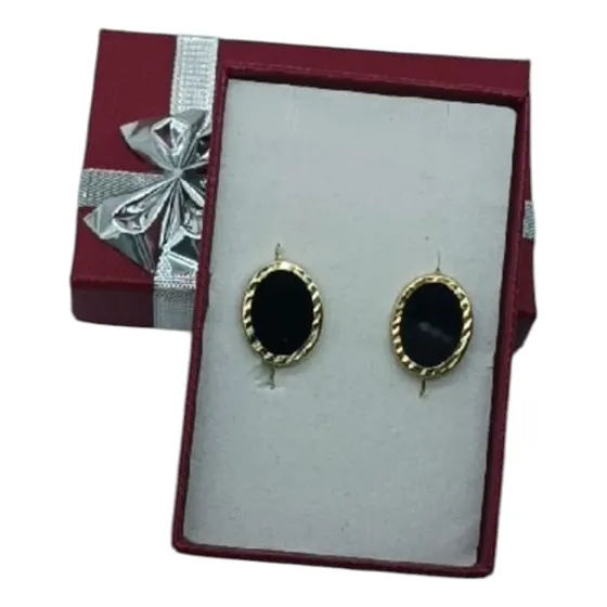 Arete Arillo Oro Sólido 10k Y Onix Oval Bisel Diamantado