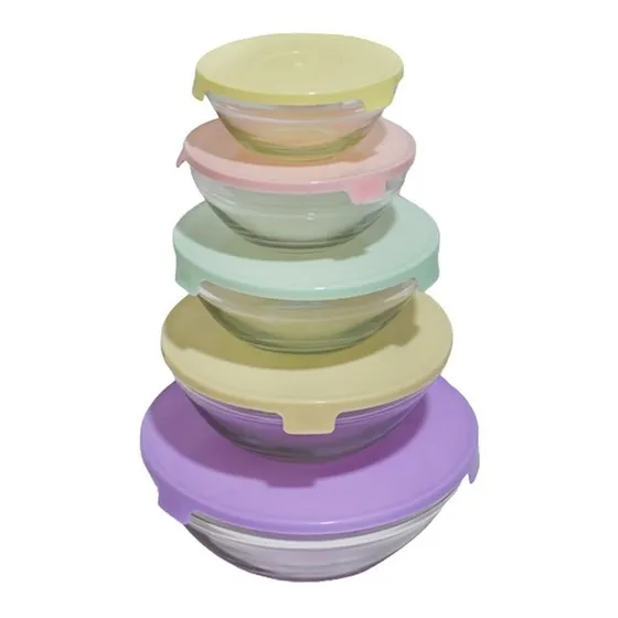 Set X5 Bowls De Vidrio Con Tapa Carol Soft Pastel Apilables