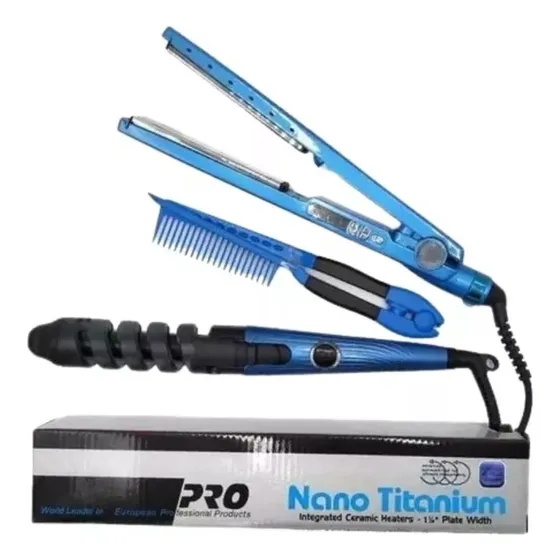 Kit Combo Plancha De Cabello Rizador Con Peine Nano Titanium