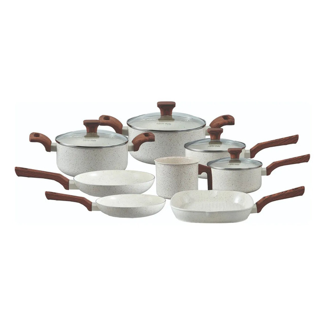 Conjunto de 8 panelas Mimo Style Pratic Cook Marmol na cor branca com acabamento marmorizado e cabos efeito madeira, incluindo frigideiras, caçarolas e leiteira.