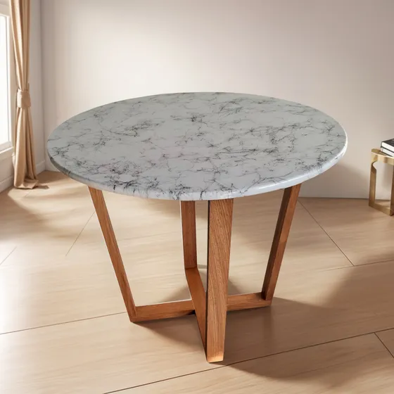 Mesa Ratona Arrime Madera Maciza Roble Y Simil Marmol Living Blanco