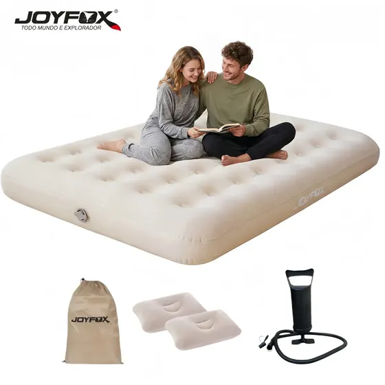 Colchão Inflável Casal Joyfox 191*137*22cm com Incluindo 2 Travesseiros e Bomba Manual - Creme