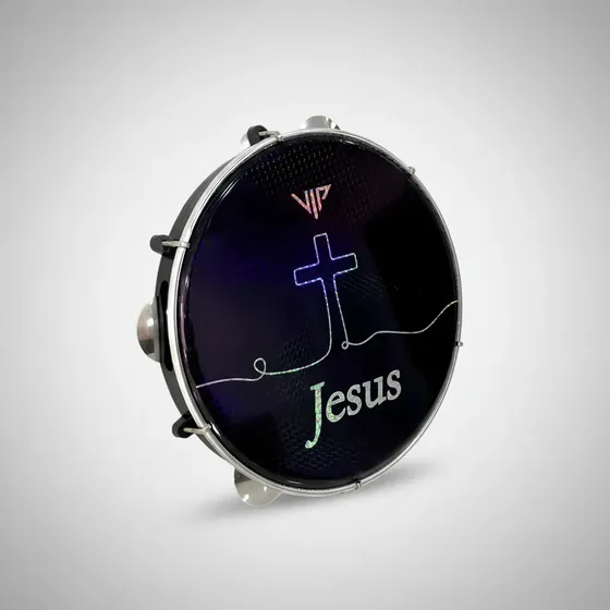 Pandeiro Profissional 10 Pele Holográfica Jesus Corpo Abs Cor Preto
