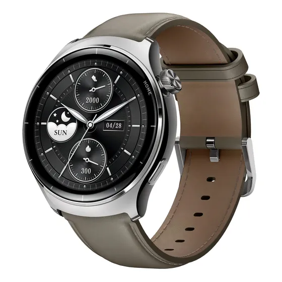 Reloj inteligente Mibro Watch Lite 3 Pro con GPS Amoled, 2 pulseras, carcasa plateada, pulsera marrón claro, diseño de correa con bisel negro, diseño de correa lisa