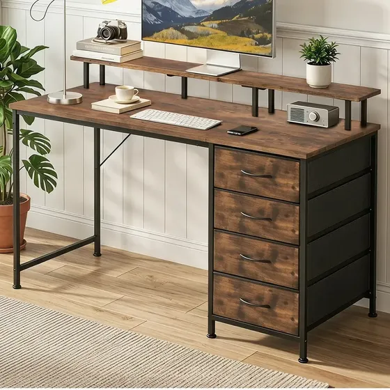 Escritorio 120cm Con Cajones Soporte Repisa Estructura Metálica Oficina Vidita Color Madera Antigua