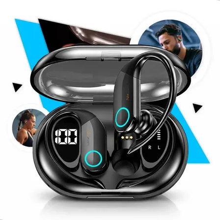 Fone De Ouvido Bluetooth Esportivo 5.3 Sem Fio Anti-Ruido Wireless Com Gancho Ergonômico Academia Corrida Bike Ciclismo Resistente A Agua Display Digital Iphone Samsung Xiaomi Motorola Preto Nixzen