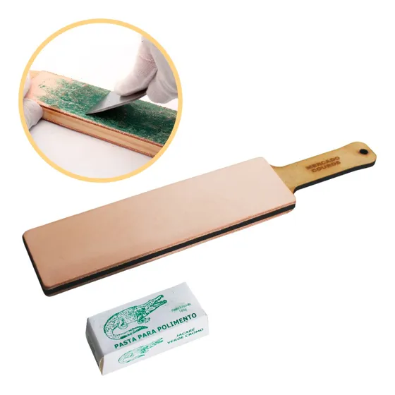 Strop De Couro Duplo + Pasta Jacaré Afiar Faca Canivete 145g
