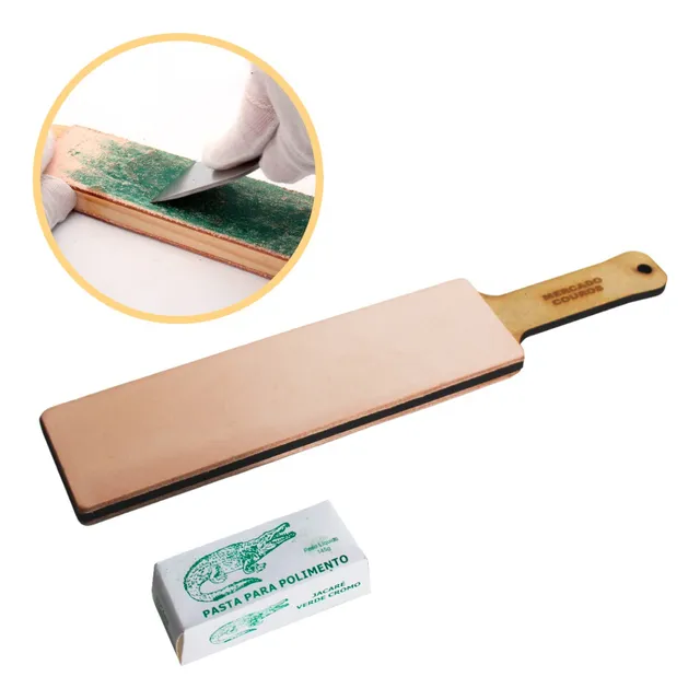 Strop De Couro Duplo + Pasta Jacaré Afiar Faca Canivete 145g