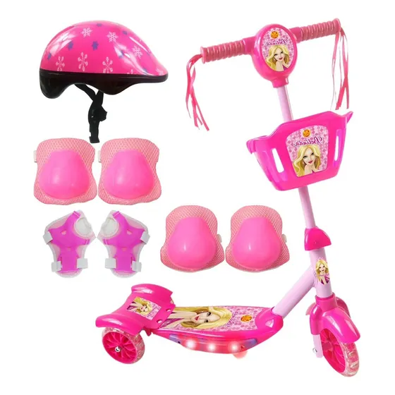 Patinete Led 3 Rodas Kit Proteçao Menina Rosa Infantil Som