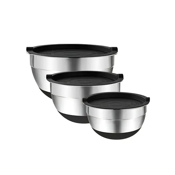 3 Bowls Con Tapa Acero Inoxidable Y Base Antideslizante