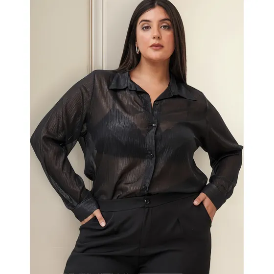 Camisa De Vestir Gasa Brillante Casual Mujer Talles Grandes