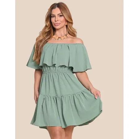 Vestido Ombro A Ombro Feminino Curto Babado Casual Chic