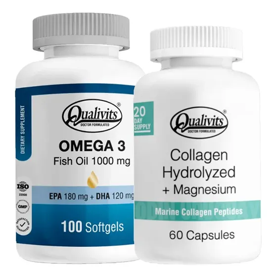 Combo Qualivits Colágeno Marino Magnesio 60cap Omega 3 100cap Natural | Cuotas sin interés