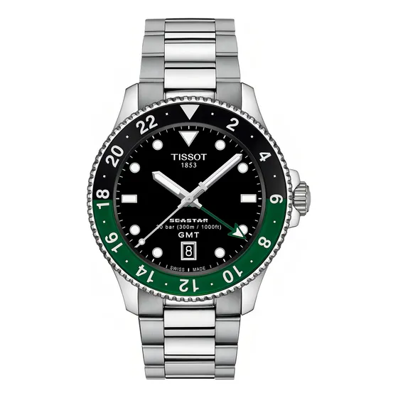 Reloj Tissot Seastar 1000 Quartz Gmt 40mm T1208521105100 Malla Plateado Bisel Verde Fondo Negro