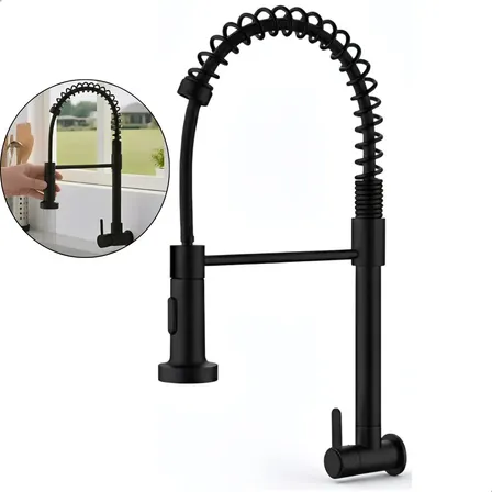 Torneira Gourmet Luxo Pia Cozinha Parede Flexível 2 Jatos Água Fria Acabamento Preto Fosco Em Aço Inox - Softinox