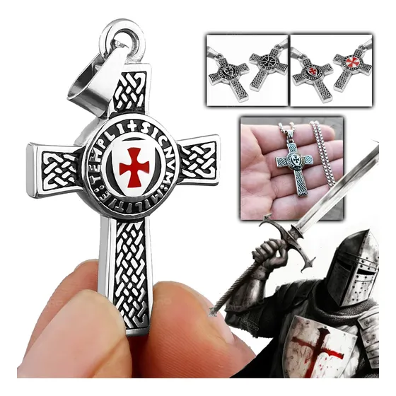 Colar Cruz Cavaleiros Templários Dupla Face Aço Inoxidável
