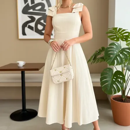 Vestido Longo De Linho Forrado Com Lacinho No Ombro Bojo