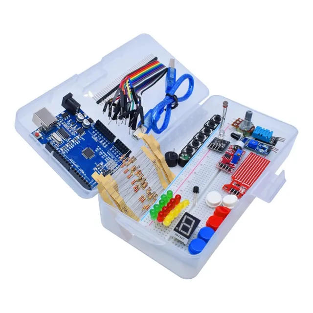 Kit Inicial Arduino Uno R3 Protoboard Sensores  Caja Plastica