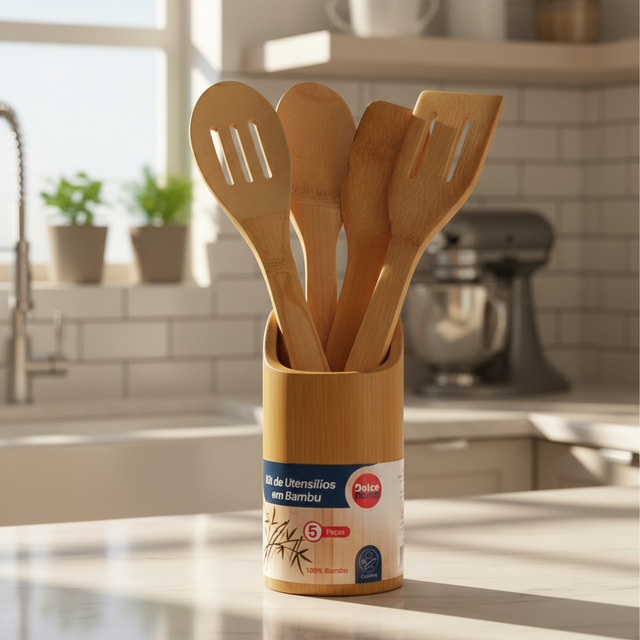 Kit De Utensílios Bambu 5 Peças Pau Colher Garfo Espátulas Bambu Kit De Utensílios Bambu 5 Peças Pau Colher Garfo Espátulas Bambu