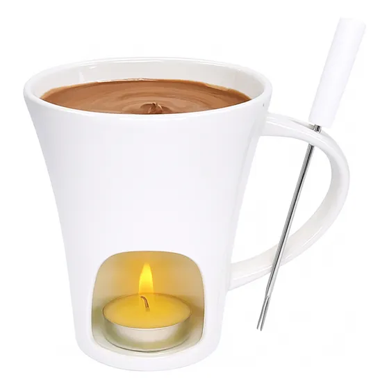 Caneca Fondue De Chocolate Queijo Com Vela Branco Porcelana