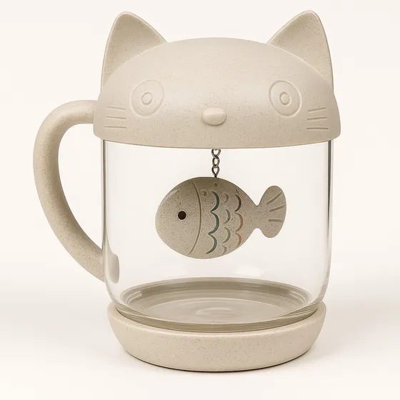 Taza De Vidrio Con Infusor Y Tapa De Gatito