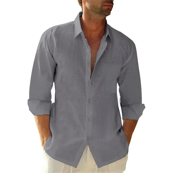 Guayabera  De Lino Manga Larga Gris