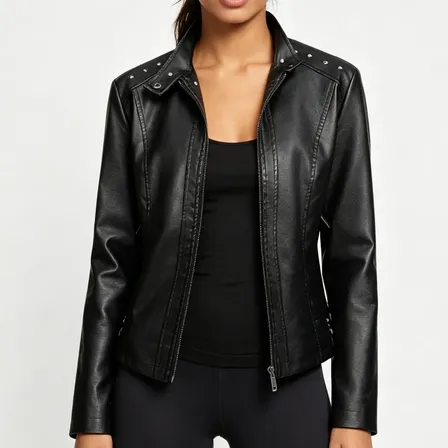 Campera Moto Mujer Ecocuero Slim Fit Cuello Mao Con Tachas Black L Cuero Sintético
