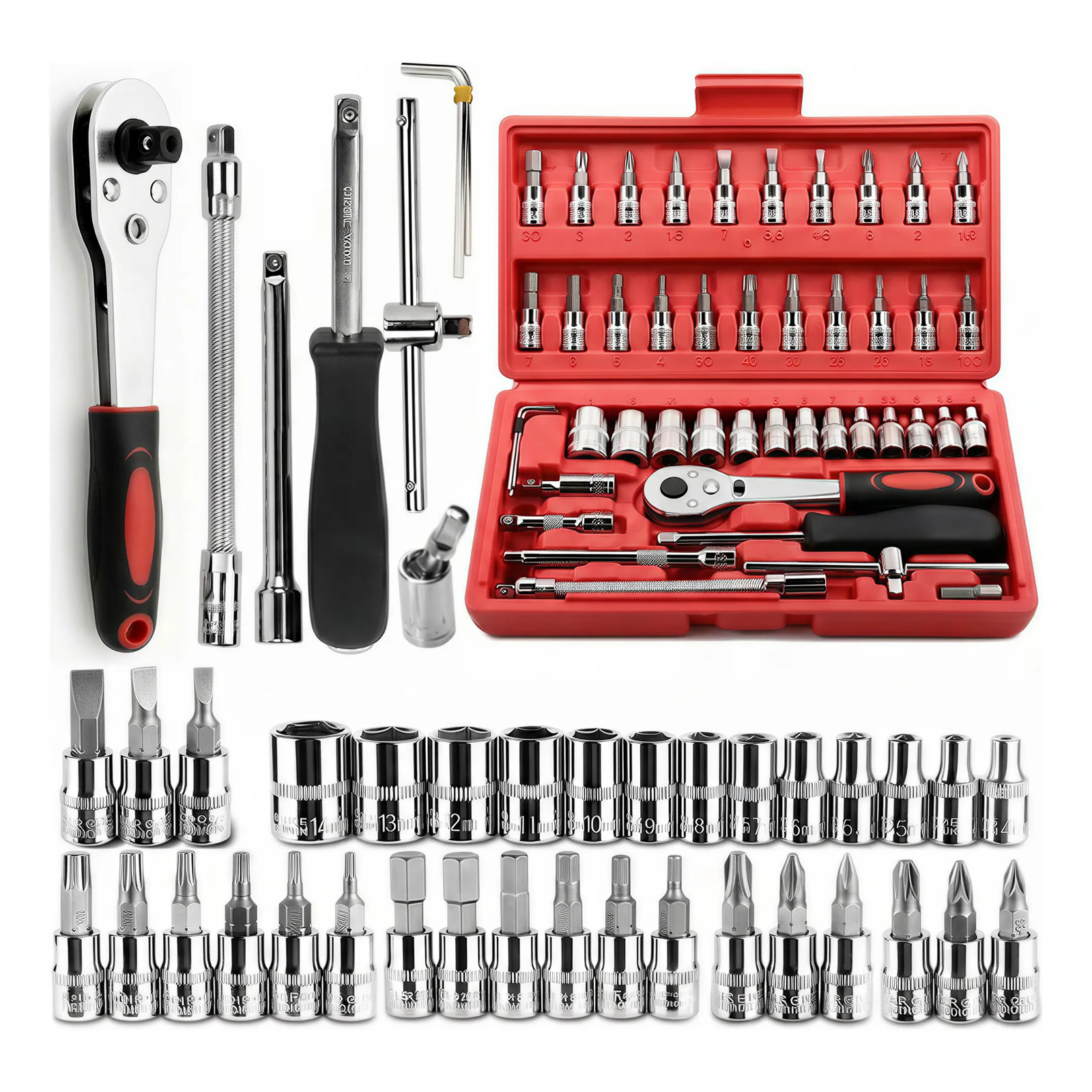 Kit 46 Peças Jogo De Chave Catraca Soquete Combo Maleta Kit Vermelho