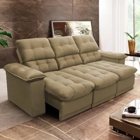 Sofá Retrátil Reclinável Atenas 2,30m Suede Velut Bege