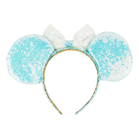 Tiara Orelhas Lantejoulas Arco Laço Branco Minnie Disney Cor Azul-celeste