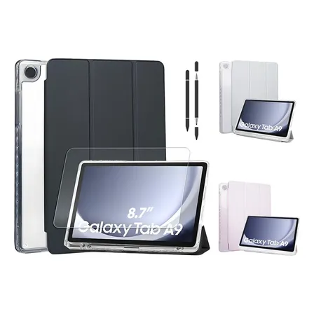 Capa Dobrável Para Samsung Galaxy Tab A9 8.7 Com Película E Caneta Touch Tassos, Preta Preto