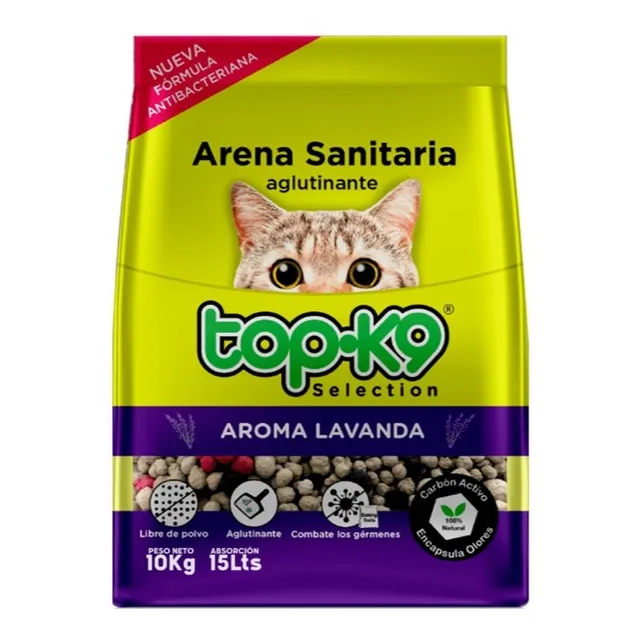 Arena sanitaria aglutinante Top-k9 de 10Kg aroma lavanda - Antibacterial con Carbón activo