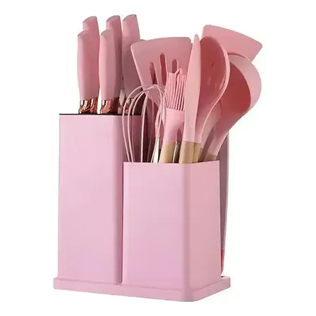 Kit 19 Utensílios Para Cozinha Com Tábua E Espátula Rosa