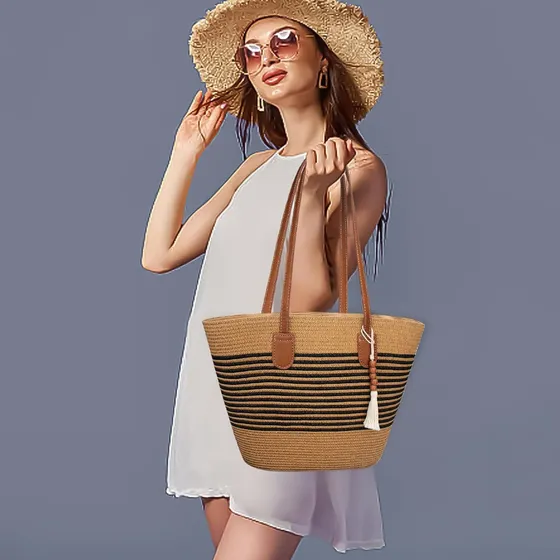Bolsa De Mano De Paja Para Mujer, Grande Con Cremallera