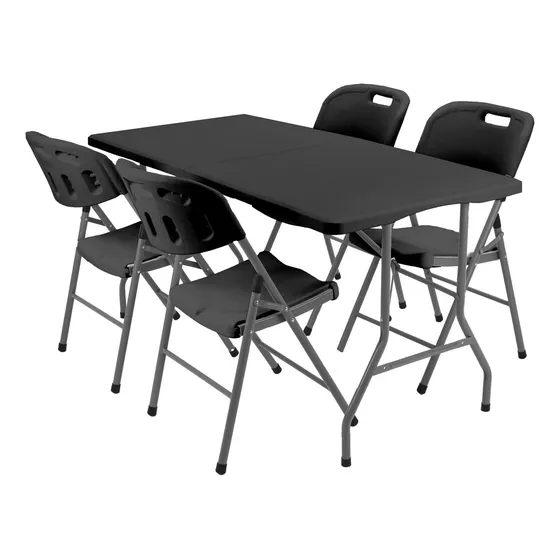 Mesa Plegable Picnic 180cm Simil Madera + 4 Sillas Paris Color Negro Garden Life