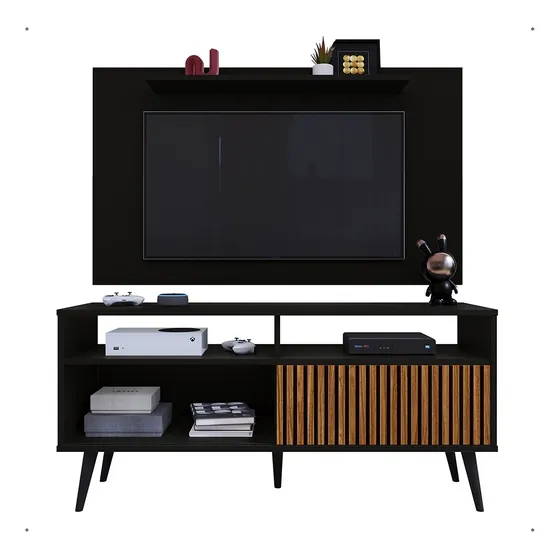 Rack Aparador Objeto Painel Prateleira Tv 48 Pol Home Quarto Cor Preto/ripado