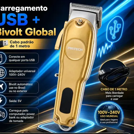 Máquina de cortar cabelo elétrica sem fio Pritech dourado com bateria recarregável Display LCD Inteligente