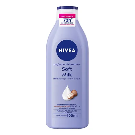 NIVEA Loção Deo-Hidratante Soft Milk 400ml, Hidratação Profunda 72h, Hialurônico Puro, Corporal, Pele Seca