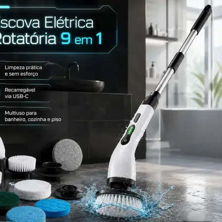 Mop Escova Elétrica Rotatória 9 Em 1 Recarregável USB-C Multiuso Limpeza Para Banheiro Cozinha E Piso