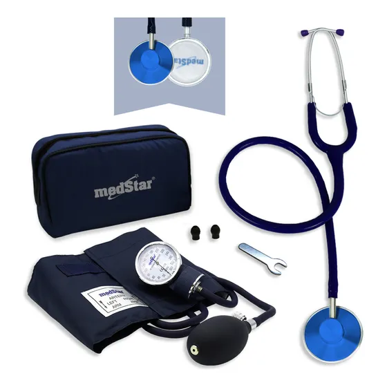 Kit Baumanómetro Aneroide Con Estetoscopio De Una Campana Simplex Color Azul Medstar Brazalete 23-32 Cm Tamaño Estándar