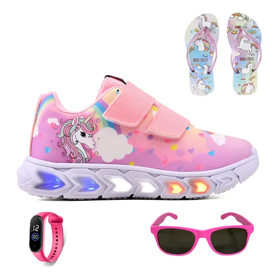 Kit Tenis Led Infantil Unicornio + Chinelo Oculos Relogio