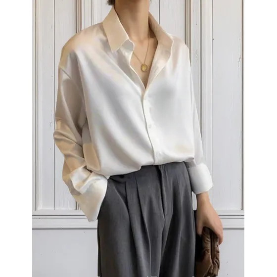 L Camisa Blanca Mujer Top Vintage Satinado