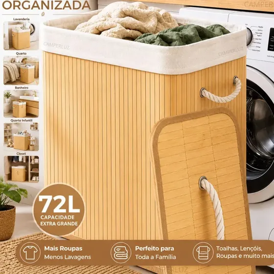 Cesto Organizador De Roupa Bambu Dobrável Retangular Com Tampa Forro e Alças 72 Litros Grande Capacidade Reforçado Caixa Organizadora para Brinquedos - Marca Macate