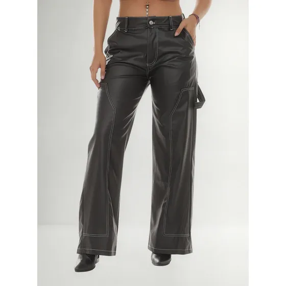 Pantalón Carpintero De Cuerina Costuras Blancas Mujer