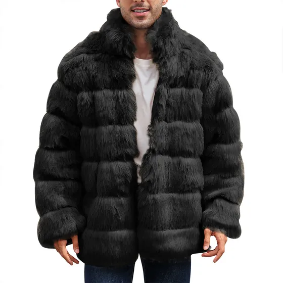 Abrigo Largo Cálido Y Peludo Sintético Para Hombre, Con Cuello En V, Liso, Para Invierno